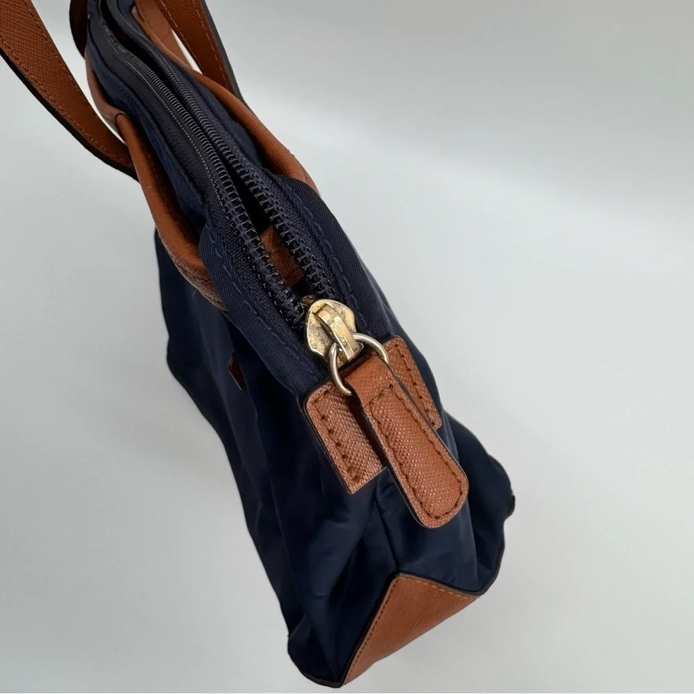 Michael Kors Kempton Navy Blue Nylon Brown Leather Tote HandBag Retail $138